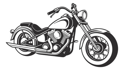 Classic american chopper motorcycle illustration in black and white with detailed engine and spoked wheels