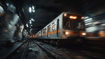 Naklejka premium Subway train speeding through dark tunnel