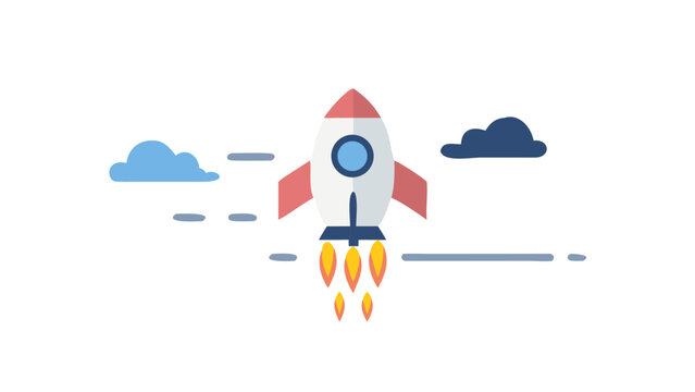 A vibrant cartoon style rocket ship blasting off into the dark night sky with clouds and motion lines representing speed and progress - Powered by Adobe