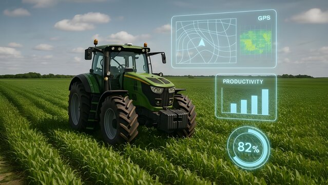 Modern Tractor in Green Field with Glowing UI Crop Analytics and GPS Mapping