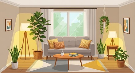 Cozy Living Room Interior with Plants and Warm Lighting.
