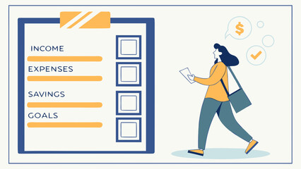 A woman reviews her financial plan on a clipboard listing income expenses savings and goals with a thought bubble indicating money and a checkmark