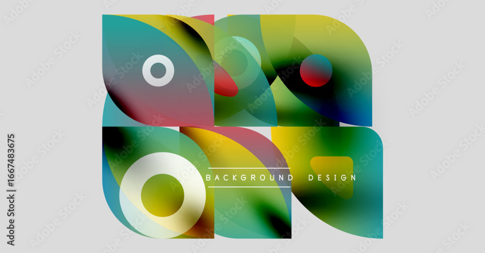 Poster abstract colorful shapes overlap, creating dynamic visual effect. modern design elements present vib