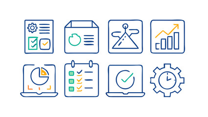 Set of modern flat design icons representing business analytics project management productivity and strategy with a clean outline style on a black background