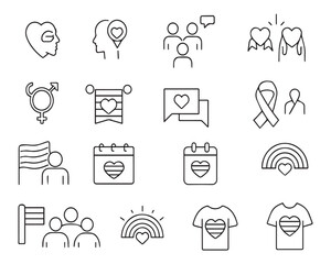Set of line icons related to pride month, pride parade, lgbt, diversity inclusion, diversity. Outline icon collection