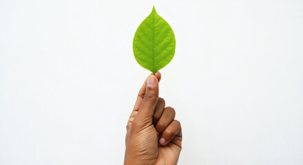 hand holding a leaf with a white background which is a symbol of protecting nature