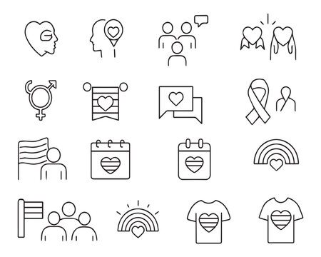Set of line icons related to pride month, pride parade, lgbt, diversity inclusion, diversity. Outline icon collection