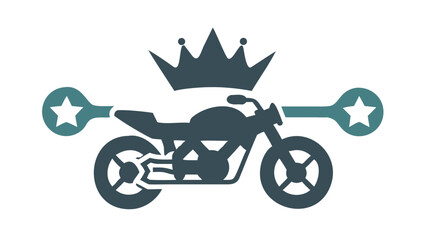 Obraz premium Stylized dark blue motorcycle silhouette with a crown on top and teal star emblems on either side representing speed and victory
