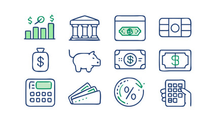 A collection of simple hand drawn financial icons including a bank building money bag piggy bank calculator credit card cash and a growth chart symbolizing finance and savings