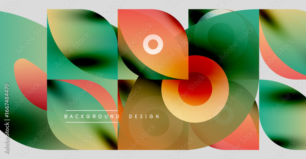 Poster abstract geometric shapes overlap, creating vibrant color gradients. modern design elements suggest 