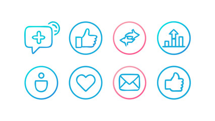 Collection of social media icons featuring a chat bubble with a plus sign thumbs up exchange arrows growth chart user profile heart envelope and another thumbs up