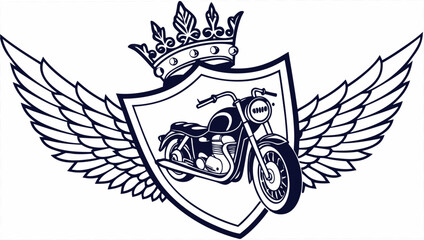 Classic motorcycle emblem with majestic crown and spreading wings representing freedom and power © dada