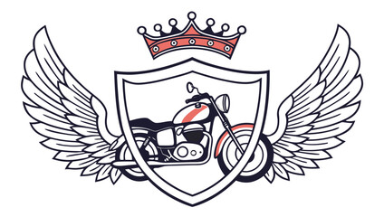Stylized vintage motorcycle with wings and crown emblem symbolizing power freedom and royalty in a classic design