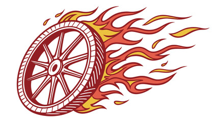 Fototapeta premium Stylized red wheel with spokes and tire tread surrounded by vibrant red and yellow flames conveying speed and power
