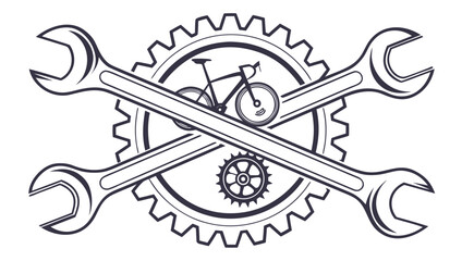 Stylized emblem featuring a bicycle silhouette within a large gear crossed by two wrenches symbolizing bicycle repair and maintenance services
