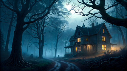 Eerie Wooden House in a Foggy Forest Under Moonlit Sky

