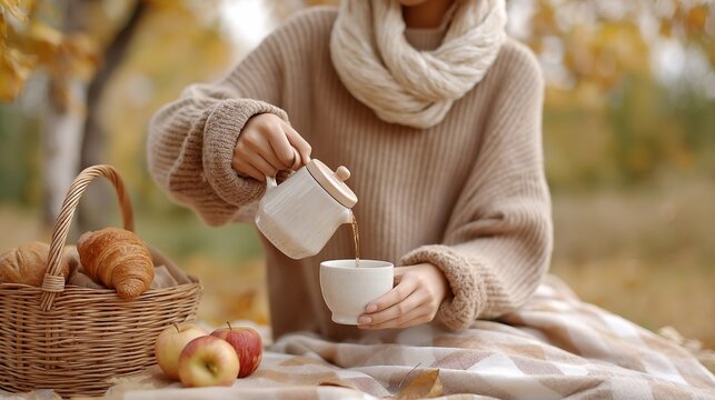 A person in a cozy knit sweater pours tea from a ceramic teapot into a cup while sitting on a blanket surrounded by apples and croissants. The autumn picnic atmosphere reflects comfort, relaxation