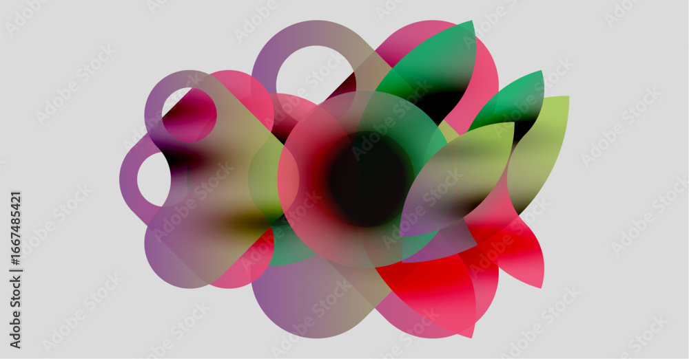 Poster abstract composition. overlapping translucent shapes create vibrant color blends. soft gradients sug