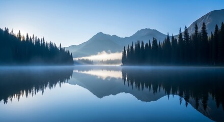 Fototapeta premium Tranquil lake reflecting mountains and trees in a misty landscape.