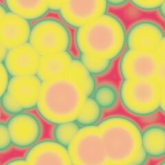 Abstract seamless pattern with glowing yellow and pink circles outlined in green on a vibrant red background. Modern colorful texture, perfect for wallpapers, textiles, wrapping paper, and digital des