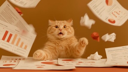 A fluffy ginger cat looks overwhelmed as papers fly around, symbolizing stress and chaos. The humorous office concept captures frustration, burnout and comical expression