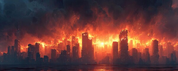 Obraz premium Destroyed city engulfed in fire storm concept. A dramatic cityscape engulfed in flames and smoke at sunset.