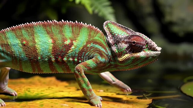 Vibrant Furcifer Pardalis Chameleon Displaying Green and Brown Stripes on Vivid Orange Leaf near Calm Water Lush Green Plants Eye Level Slow Pan High Resolution Stock Footage