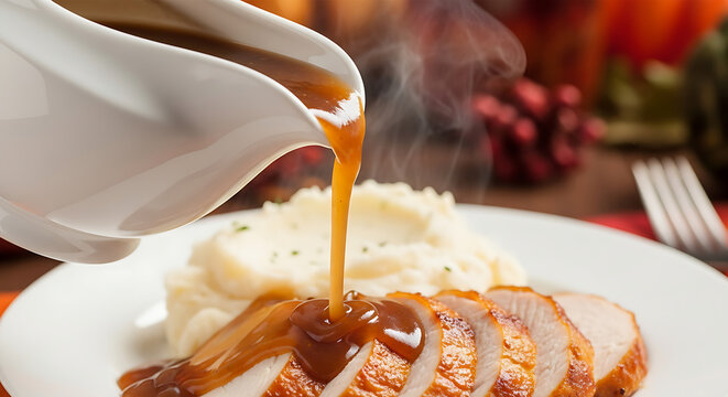 Pouring hot savory gravy over sliced roasted turkey and creamy mashed potatoes for a festive holiday meal.