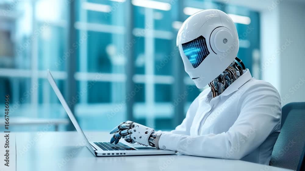 Poster futuristic robot artificial intelligence humanoid office technology working computer innovation