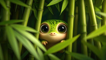 Cute gecko hiding bamboo forest.