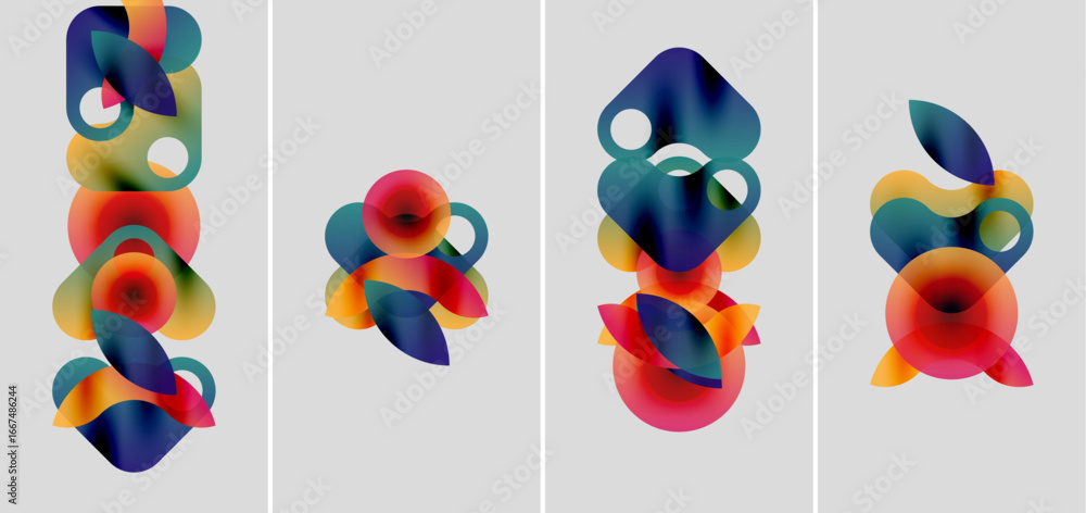 Poster abstract colorful shapes arranged in four panels. gradient hues blend, creating dynamic visual compo