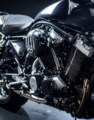 Black Motorcycle Engine Closeup Studio Shot