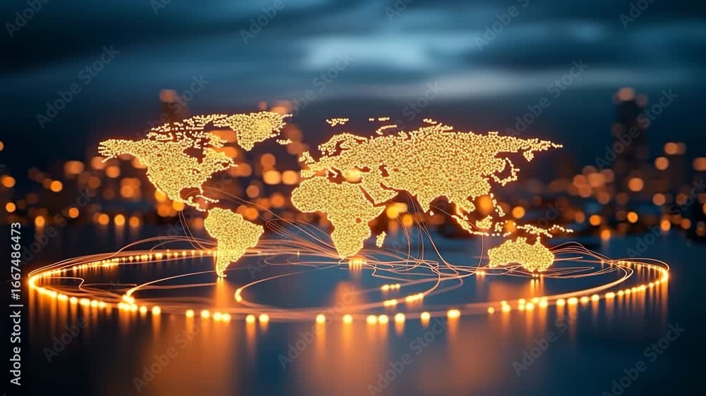 Poster glowing world map network connection digital communication data futuristic cityscape technology
