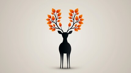 Pixel Art Silhouette Deer with Orange Autumn Leaf Antlers on Beige Background