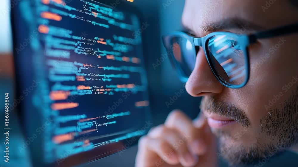 Poster focused male programmer with glasses analyzing computer code screen, technology software office