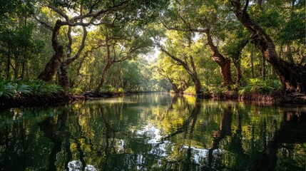 Sunlight streams through a tranquil mangrove waterway