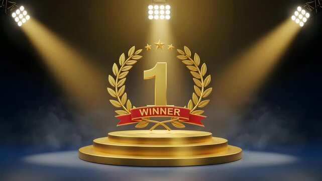 Golden number 1 with laurel wreath and red ribbon, illuminated by dramatic spotlight on podium stage, representing ultimate winner achievement, 4K video