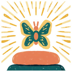 Meditative Butterfly Artwork Concept. Colorful butterfly illustration with rays emanating from it, resting on a stylized surface.