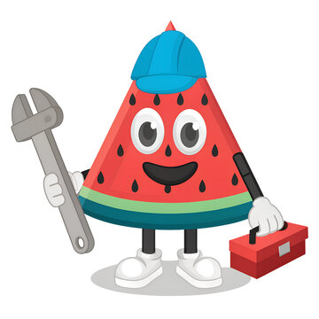 vector illustration of watermelon character or mascot wearing service costume and holding wrench