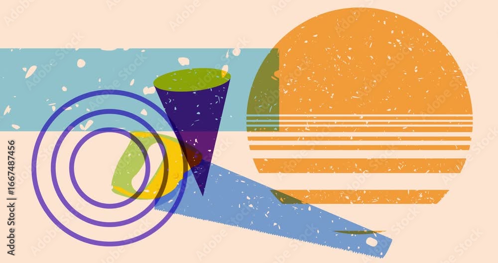 Poster risograph saw with geometric shapes animation. moving object in trendy riso graph design video.