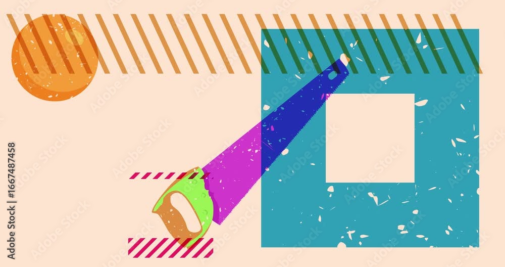 Poster risograph saw with geometric shapes animation. moving object in trendy riso graph design video.