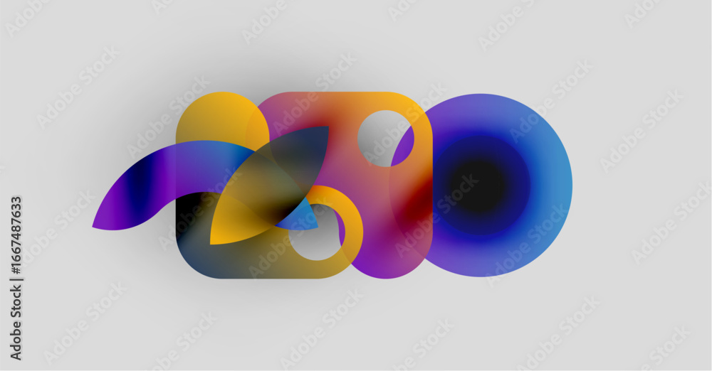 Poster abstract colorful shapes overlap, forming fluid design. bright hues blend, creating dynamic visual i