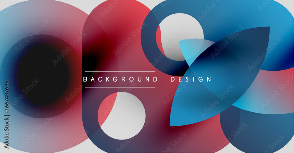 Poster abstract colorful shapes overlap. modern design features blue, red, white gradients. background text