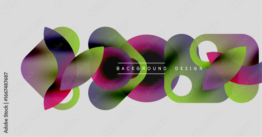Poster abstract colorful shapes overlap, creating dynamic visual effect. text reads background design cente