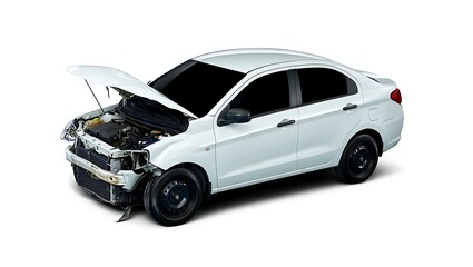 Damaged White Car with Open Hood Isolated on White Background Requiring Auto Repair