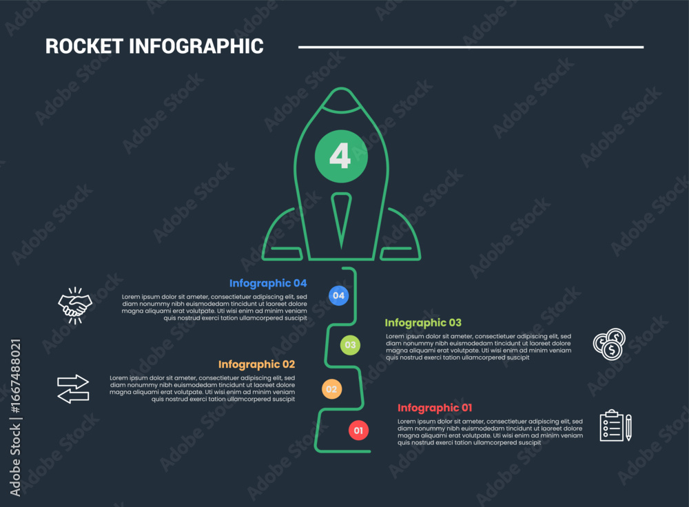 Poster rocket launch concept infographic process diagram with vertical style with dot circle timeline oppos