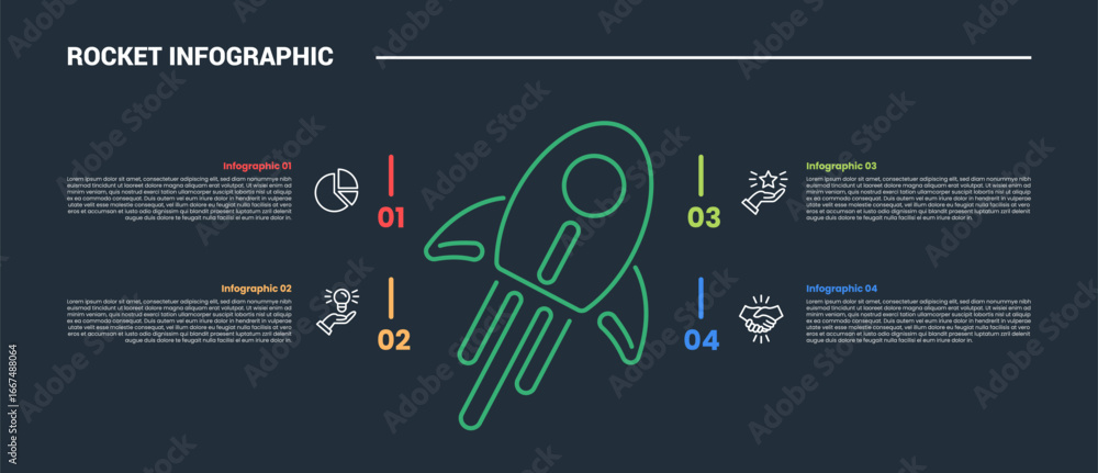 Poster rocket launch concept infographic process diagram with rocket center and quadrant structure informat