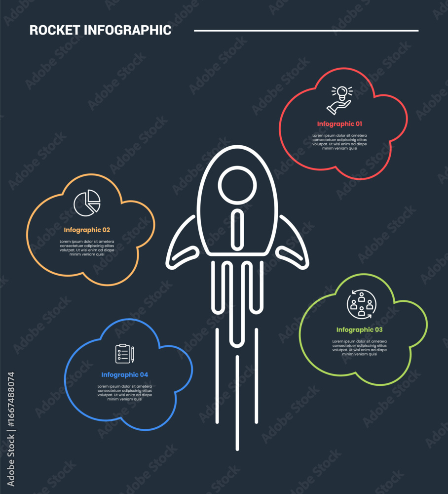 Poster rocket launch concept infographic process diagram with cloud box container spreading around with dar