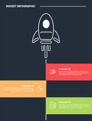 rocket launch concept infographic process diagram with vertical rocket with big flag container opposite direction with dark background bright outline style and 3 points