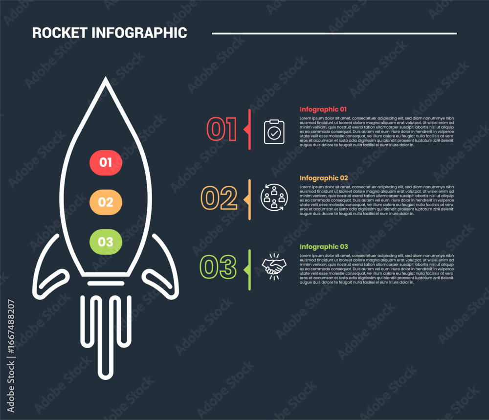 Poster rocket launch concept infographic process diagram with standing rocket and stacked list opposite pos